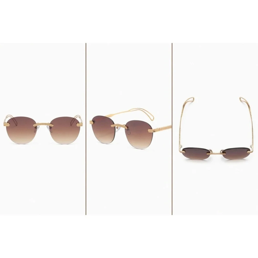 Men Gold Rimless Round Sunglasses Brown Lens Vintage‎ Metal Frame UV400 Hip Hop